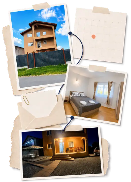 Colaj pentru cererea de disponibilitate, realizat din fotografii reale cu Vila Kamilla, o cameră și curtea seara