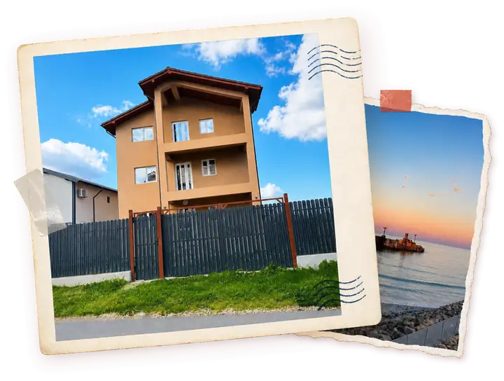 Carte poștală editorială cu fotografii reale ale Vilei Kamilla și epavei din Costinești