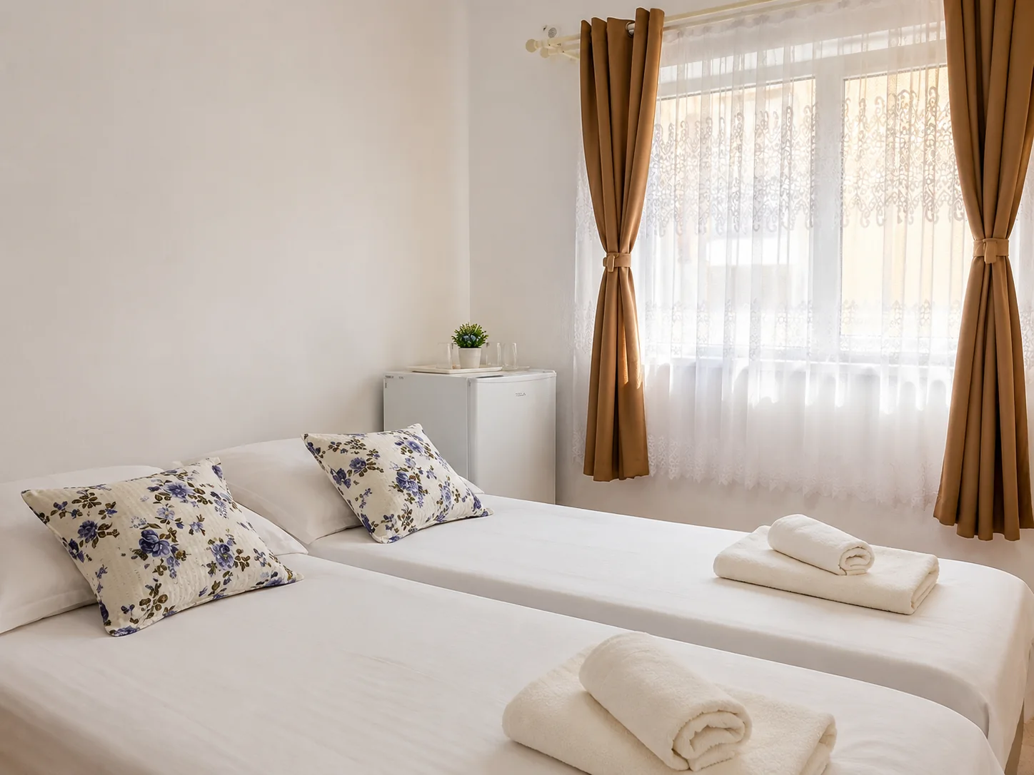 Cameră luminoasă cu două paturi și frigider propriu